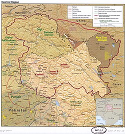 Isang mapa ng pinag-aagawang rehiyon ng Kashmir kabilang ang dalawang teritoryo ng unyon na pinangangasiwaan ng India na Jammu at Kashmir at Ladakh sa kulay-balat.[kailangan ng sanggunian]