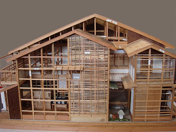 Een model van een huis met houten kozijnen, met een 2 verdiepingen hoge lichtput, omgeven door overlappende kleine vaardigheidsdaken op hoogtes nabij de bovenkant van de begane grond, zodat het twee lagen dakrand heeft.