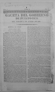 Front page of "La Gaceta de Puerto Rico" in January 1836 La Gaceta PR.jpg