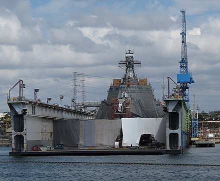 A US Navy littoral combat ship in drydock, NASSCO 2012