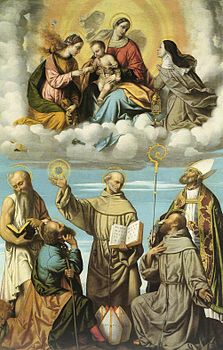 Vierge à l'Enfant dans la gloire avec les saints Catherine et Clare, en dessous des saints Girolamo, Giuseppe, Bernardino da Siena, Francesco et Nicola di Bari.jpg