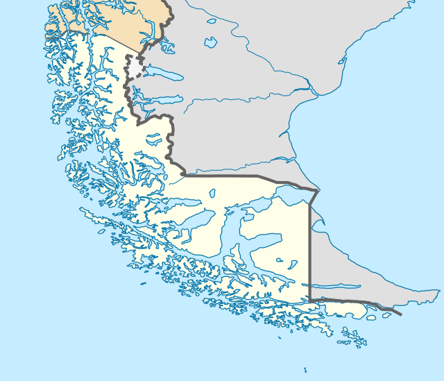 Mapa konturowa Magallanes, w centrum znajduje się punkt z opisem „Punta Arenas”