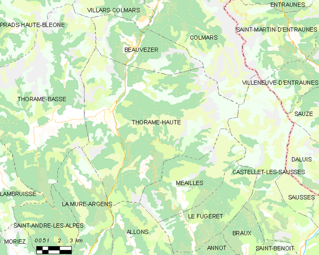  Carte élémentaire montrant les limites de la commune, les communes voisines, les zones de végétation et les routes