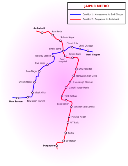 A map of the Jaipur Metro with planned and completed lines.