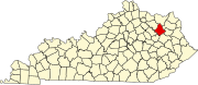 Harta statului Kentucky indicând comitatul Rowan