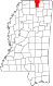Harta statului Mississippi indicând comitatul Benton
