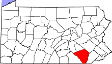 Location of Lancaster County in Pennsylvania Map of Pennsylvania highlighting Lancaster County.svg