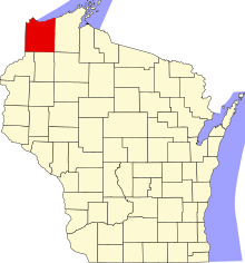 Location of Douglas County in Wisconsin Map of Wisconsin highlighting Douglas County.svg