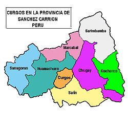 The district of Sanagorán (marked in light blue) is located in the far west of the province of Sánchez Carrión