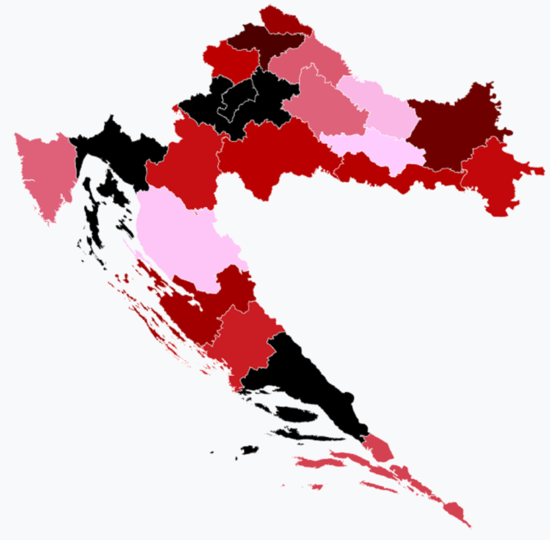 Ukupan broj slučajeva po hrvatskim županijama
