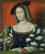 Målning som representerar en kvinna, en undulat uppflugen på hennes hand.