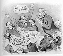 Asquith's Cabinet Reacts to the Lords' Rejection of the "People's Budget"--a satirical cartoon, 1909. Prime Minister Asquith's government welcomed the Lords' veto of the "People's Budget"; it moved the country toward a constitutional crisis over the Lords' legislative powers. (Asquith makes the announcement while David Lloyd George holds down a jubilant Winston Churchill.) Meeting of Asquith cabinet19090001.jpg