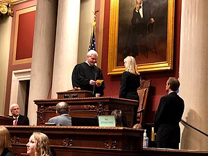 Melissa Hortman sworn in as the 61st speaker of the House by Justice Paul Thissen, January 8, 2019. Melissa Hortman Swearing-in 2019.jpg