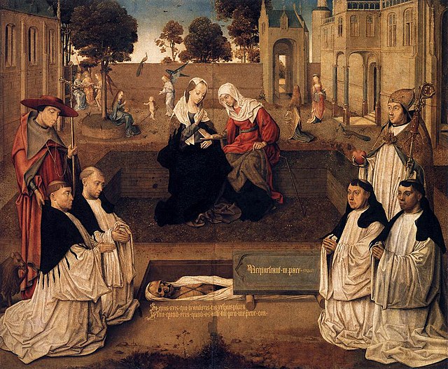 Visitation memento mori, painter unknown, c.1500, juxtaposing pregnancy and death, with four Augustinan canons regular of the Chapter (Abbey) of Sion.