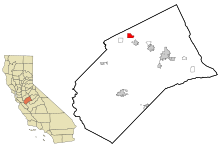 Merced County Kaliforniassa Sisällytetyt ja rekisteröimättömät alueet Delhi Highlighted.svg