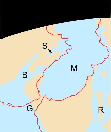 A possible palaeogeographical reconstruction of the Miocene Mediterranean. North to the left. *Red = current coastline *S = Sorbas basin, Spain *R = Rifean corridor *B = Betic corridor *G = Strait of Gibraltar *M = Mediterranean sea Messinian palaeogeography.svg