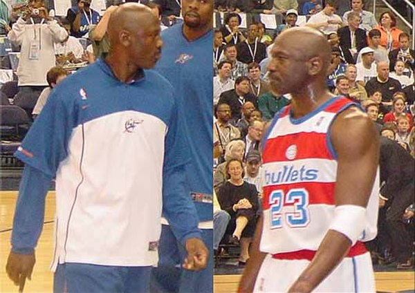 Jordan during warm-ups for the last Wizards home game, on April 14, 2003. The jersey is a throwback to the Washington Bullets uniforms.