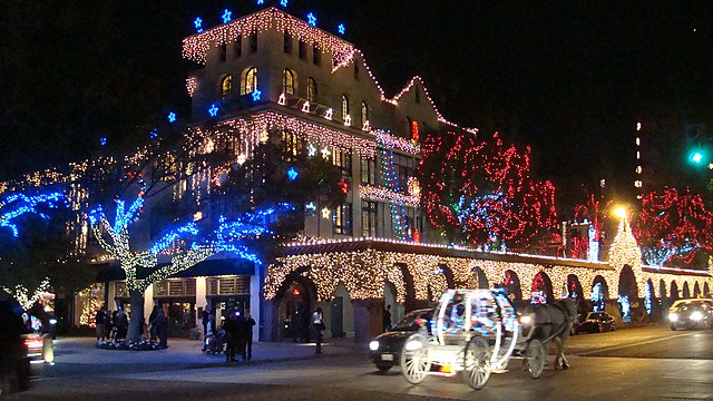 Image: Mission Inn at Christmas from the southwest