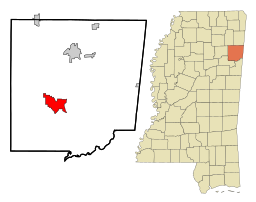 Aberdeens läge i Monroe County och countyts läge i Mississippi.