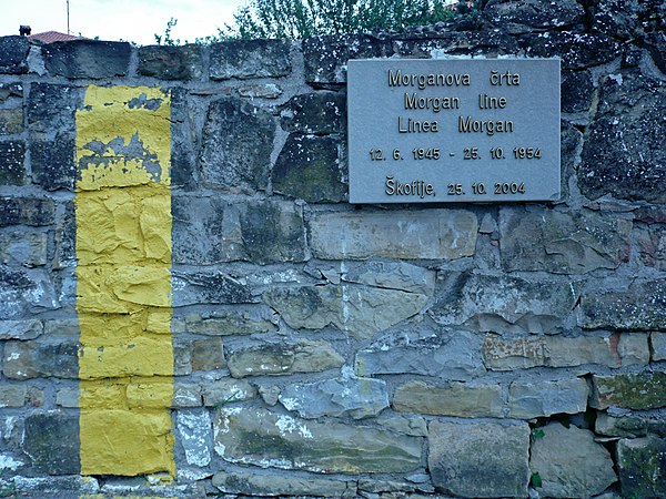 Memorial plaque to the Morgan line in Spodnje Škofije, Slovenia. In Istria, the line served as the border between Zone A and Zone B of the Free Territ