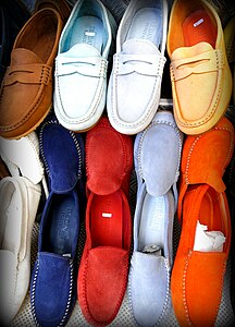 Positano ( Italy ): multicolour moccasins for sale.