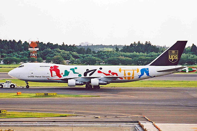 A Boeing 747-200 from UPS Airlines in the 1996 Summer Olympics paint.