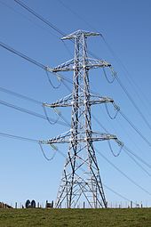 Electric power is transmitted by overhead lines like these, and also through underground high-voltage cables. NIGU Strain tower.JPG