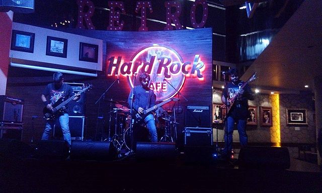 Nicotine playing at the Hard Rock Cafe, in Hyderabad, India in 2016. The band is widely known for being the pioneers of Metal Music in Central India.