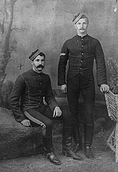 Mounted police corporal and a constable, wearing undress or "walking out" uniform, 1885 North West Mounted Police 1885.jpg