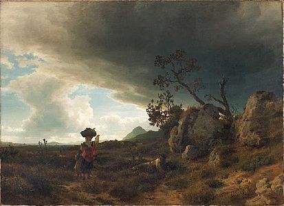 An approaching thunderstorm in the (Roman) Campagna label QS:Len,"An approaching thunderstorm in the (Roman) Campagna" c.1853