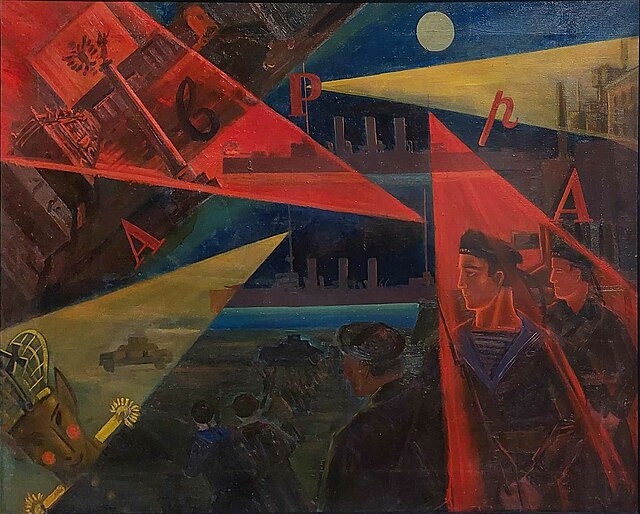 Political revolution has influenced both the topic and form in The Overthrow of the Autocracy, a Soviet avant-garde painting.