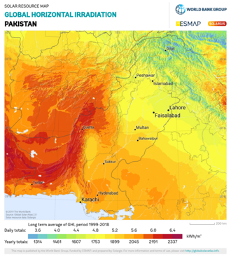 Solar potential of Pakistan Pakistan GHI Solar-resource-map GlobalSolarAtlas World-Bank-Esmap-Solargis.png