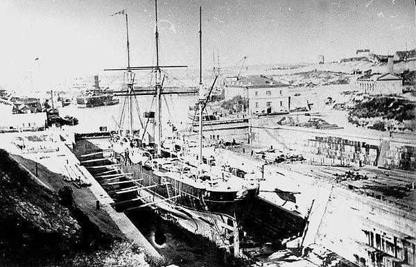 The cruiser Pamiat Merkuria in a drydock in Sevastopol