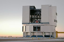 One of the 8.2 m (320 in) telescopes at Paranal Observatory. The entire building constitutes the altazimuth mount, saving on mass and cost.
