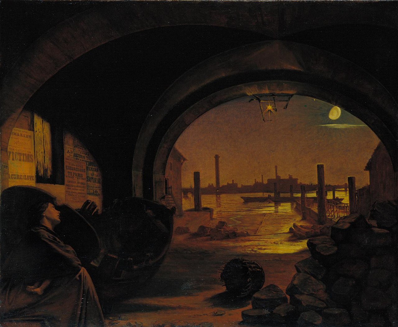 A woman in rags, half covering a naked infant with her cloak, looks out from under a bridge at the waxing moon shining over a flat cloud