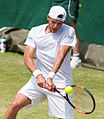 Paul-Henri Mathieu competing in the third round of the 2015 Wimbledon Qualifying Tournament at the Bank of England Sports Grounds in Roehampton, England. The winners of three rounds of competition qualify for the main draw of Wimbledon the following week.