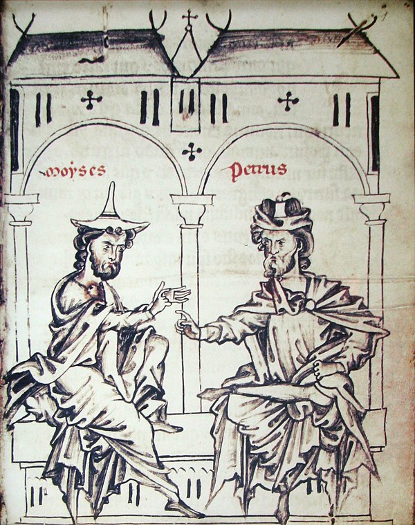 13th-century illustration of a Jew and a Christian debating in a work by the Jewish convert Petrus Alphonsi