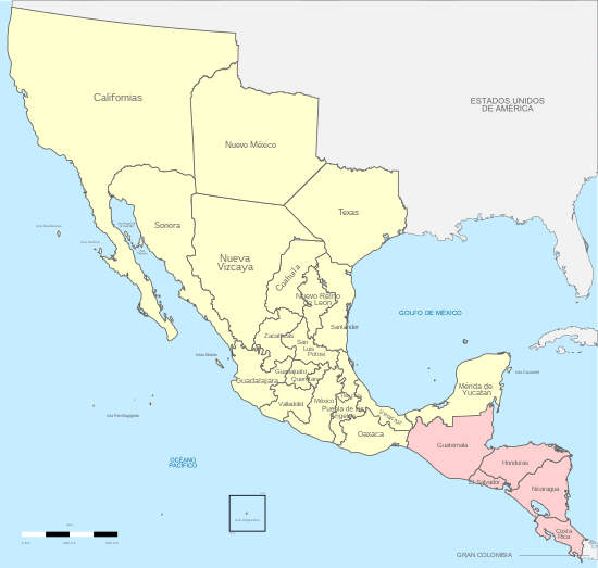 A map of the First Mexican Empire (1822–1823), with Central America shown in pink.