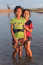 Portrait of two young girls feet in the water of the Mekong