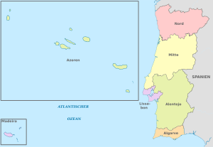 Portugal (plus all islands real area), administrative divisions - de - colored.svg