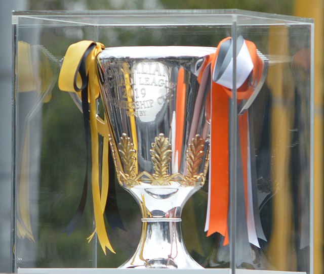 The 2019 AFL Premiership Cup on display at the 2019 AFL Grand Final Parade