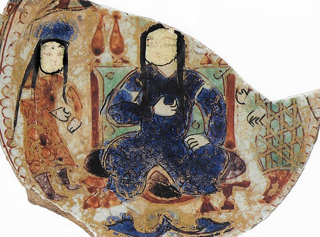 Prince on his throne, with standing courtesans, Afrasiyab, Samarkand, dated 1170-1220 CE. National History Museum of Samarkand.[21]