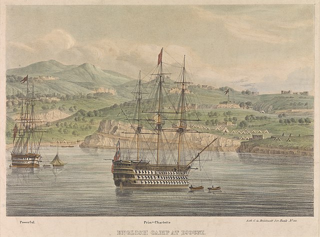 HMS Powerful and Princess Charlotte at the English Camp at Djouni, near Sidon in 1840. During the Syrian operations, the Princess Charlotte was the fl