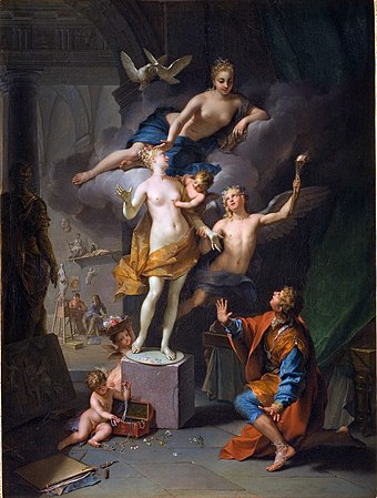 A depiction of the story of Pygmalion, Pygmalion adoring his statue by Jean Raoux (1717)