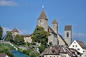 Rapperswil Castle as seen from the harbour area, St. John's Church in the background, the vineyards in the foreground Rapperswil - Lindenhof - Schloss - Stadtpfarrkirche - Curtihaus - ZSG Helvetia 2015-09-09 16-37-57.JPG