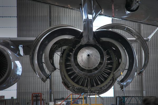 Trent 500 on wing, cowlings open