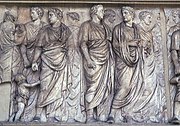 Procession. Relief de l'Ara Pacis à Rome, autel élevé par Auguste. Vue partielle, face Nord. Entre 13 et 9 AEC