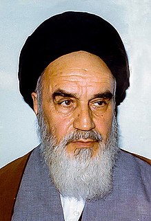 Sayyid Ruhollah Musavi Khomeini, also known as Ayatollah Khomeini, was an Iranian political and religious leader who served as the first supreme leader of Iran from 1979 until his death in 1989. He was the founder of the Islamic Republic of Iran and the leader of the 1979 Iranian Revolution, which saw the overthrow of Shah Mohammad Reza Pahlavi and the end of the Persian monarchy. Following the revolution, Khomeini became the country's first supreme leader, a position created in the constitution of the Islamic Republic as the highest-ranking political and religious authority of the nation, which he held until his death. Most of his period in power was taken up by the Iran–Iraq War of 1980–1988. He was succeeded by Ali Khamenei on 4 June 1989.