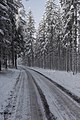 English: Winterly road through the forest Deutsch: Winterliche Straße durch den Wald