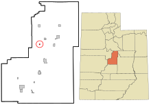 Sanpete County Utah indarbejdede og ikke-inkorporerede områder Wales fremhævede.svg